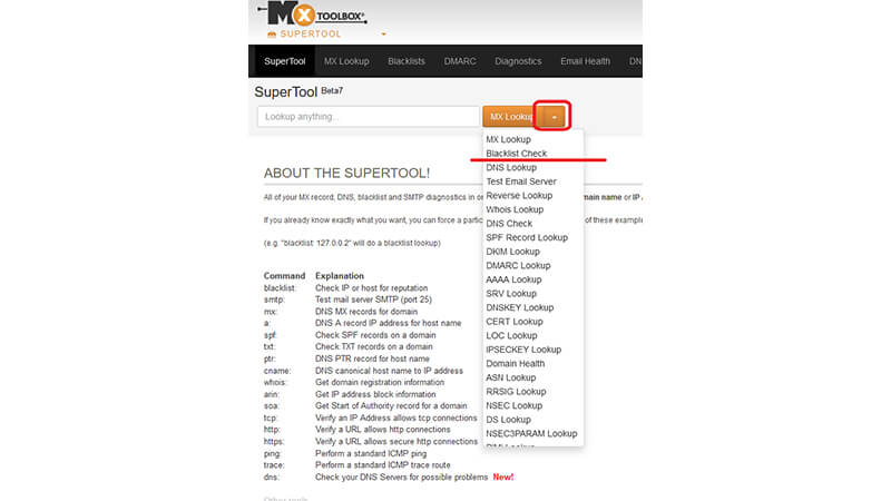 ></li>
<li>「Lookup anything」に、チェックしたいIPアドレスかドメインを入力し、「Blackllist Check」をクリックしてください。<br><img decoding=